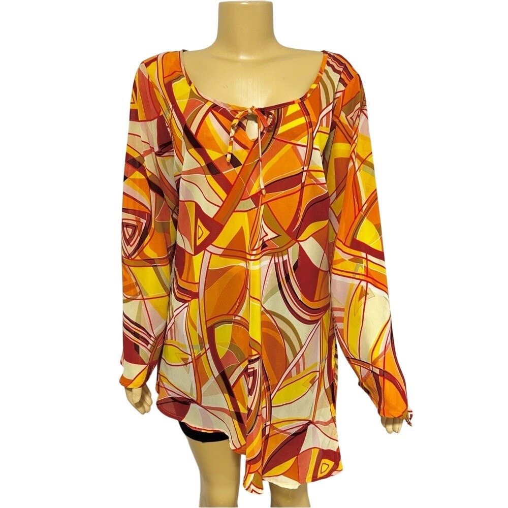 Millenium Womens Orange‎ Abstract Geometric Sheer Tunic Bell Sleeve Top Size 18